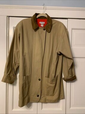 david brooks Khaki Trench Coat with Brown Suede Collar and cuffs. Size 8
